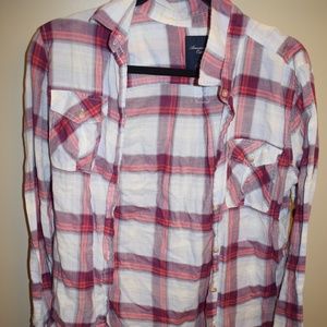 American Eagle Purple and Pink Plaid Button Up Top
